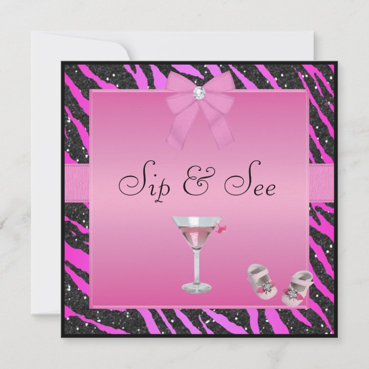 Sip & See Zebra Print Pink & Black Baby Shower Invitation Zazzle