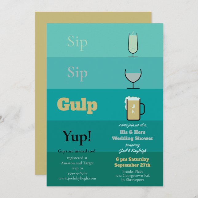 Sip Sip Gulp Wedding Shower Invitations (Front/Back)