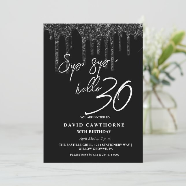  Sip, sip Hello 30th Black Glitter Birthday Party Invitation (Standing Front)
