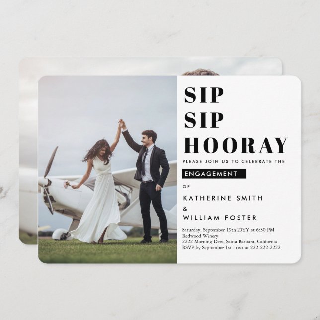 Sip Sip Hooray 2 Photo Engagement Party Invitation (Front/Back)