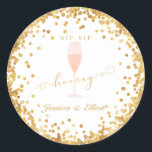 Sip Sip Hooray Bachelorette Engagement Brunch Classic Round Sticker<br><div class="desc">Celebrate a birthday,  engagement,  or shower with these elegant "Sip Sip,  Hooray" party stickers! Featuring gold confetti & script,  and a watercolor pink champagne glass.  ** The gold foil look is just a printed effect - cards will not print out with actual gold foil! **</div>