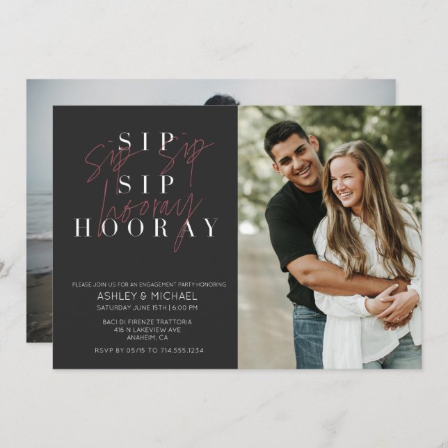 Sip Sip Hooray Black 2 Photo Engagement Party Invitation (Front/Back)