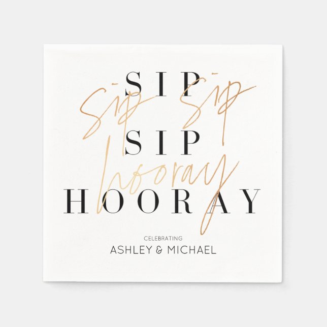 Sip Sip Hooray Black White Gold Couple's Shower Napkins (Front)