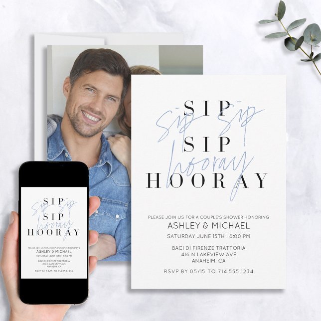Sip Sip Hooray Blue Photo Couple's Shower Invitation (Creator Uploaded)