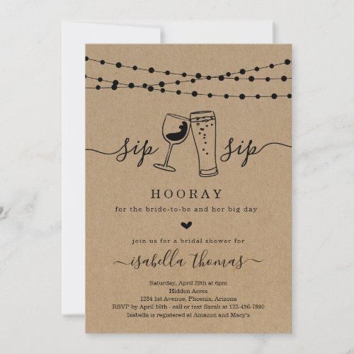 Sip Sip Hooray Bridal Shower Invitation - Sip Sip Hooray!  Hand-drawn wine and beer toast artwork on a wonderfully rustic kraft background for your bridal shower invitations.

Coordinating RSVP, Details, Registry, Thank You cards and other items are available in the 'Rustic Brewery / Winery Line Art' Collection within my store.