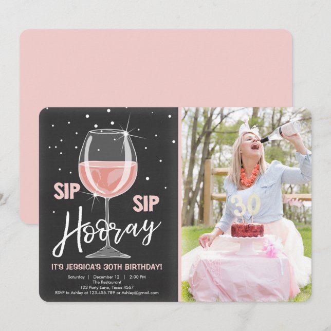Sip Sip Hooray Chalkboard Rustic Adult Birthday Invitation (Front/Back)