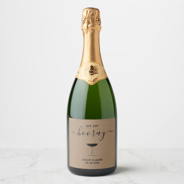 Sip Sip Hooray Chapagne Label, Wedding Glass Sparkling Wine Label (Front)