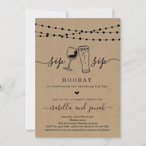 Sip Sip Hooray Couple's Shower Invitation - Sip Sip Hooray!  Hand-drawn wine and beer toast artwork on a wonderfully rustic kraft background for your couple's shower invitations.

Coordinating RSVP, Details, Registry, Thank You cards and other items are available in the 'Rustic Brewery / Winery Line Art' Collection within my store.