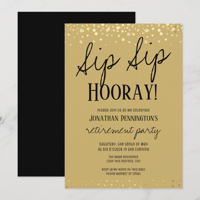 Sip Sip Hooray Elegant Gold Retirement Party Invit Invitation (Front/Back)