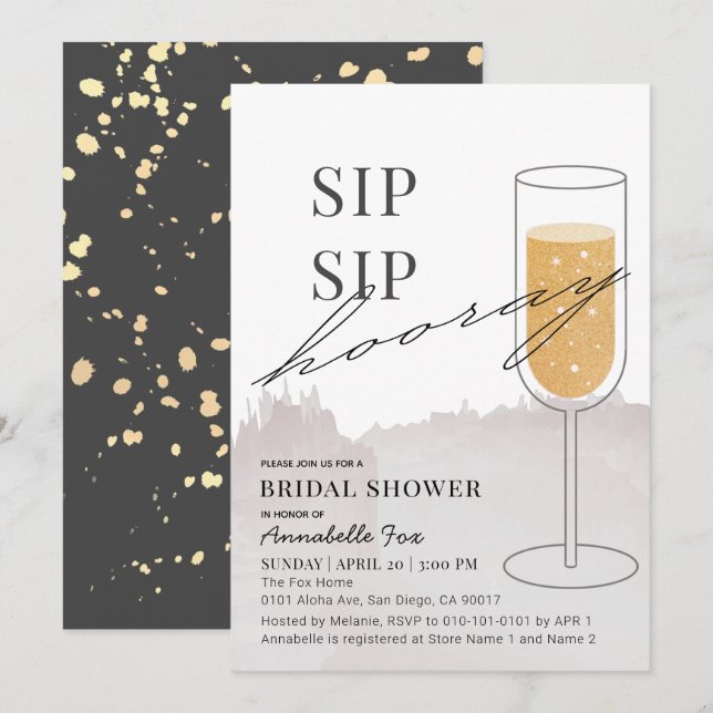 Sip Sip Hooray Gold Champagne Gray Bridal Shower Invitation (Front/Back)