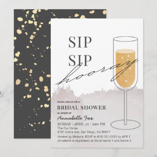 Sip Sip Hooray Gold Champagne Gray Bridal Shower Invitation
