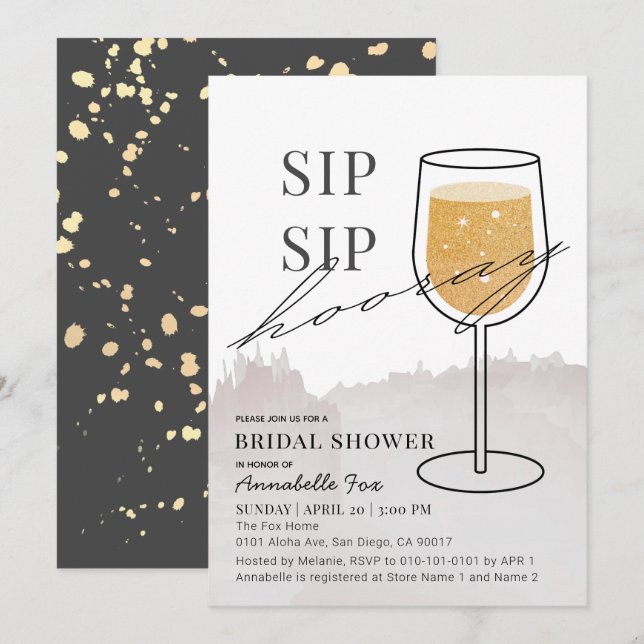 Sip Sip Hooray Gold Wine Glass Gray Bridal Shower Invitation (Front/Back)