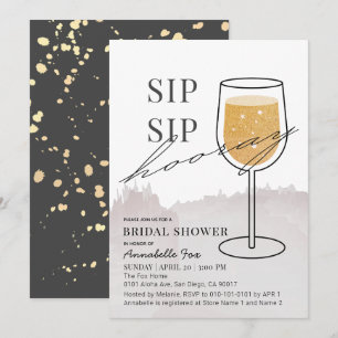 Sip Sip Hooray Gold Wine Glass Gray Bridal Shower Invitation