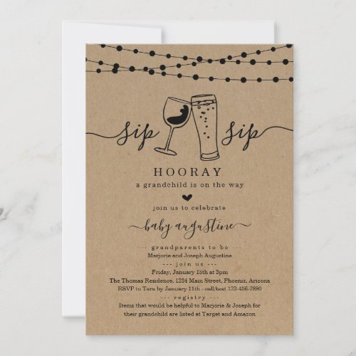 Sip Sip Hooray Grandparents' Baby Shower Invitation - Sip Sip Hooray!  Hand-drawn wine and beer toast artwork on a wonderfully rustic kraft background for your grandparents' baby shower invitations.

Coordinating RSVP, Details, Registry, Thank You cards and other items are available in the 'Rustic Brewery / Winery Line Art' Collection within my store.