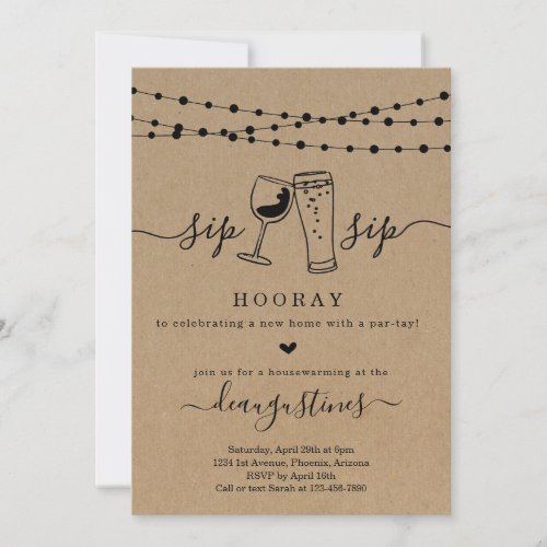 Sip Sip Hooray Houeswarming Party Invitation - Sip Sip Hooray!  Hand-drawn wine and beer toast artwork on a wonderfully rustic kraft background for your housewarming invitations.

Coordinating RSVP, Details, Registry, Thank You cards and other items are available in the 'Rustic Brewery / Winery Line Art' Collection within my store.
