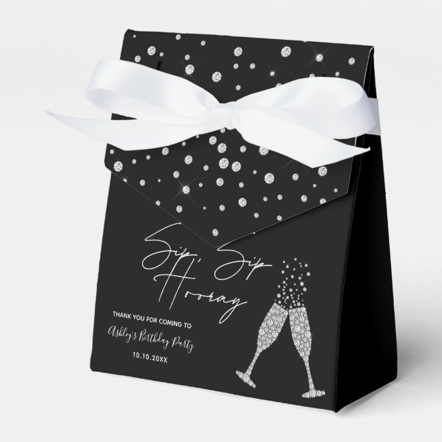 Sip Sip Hooray Modern Black & White Birthday Quote Favor Boxes (Front Side)