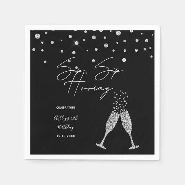Sip Sip Hooray Modern Black & White Birthday Quote Napkins (Front)