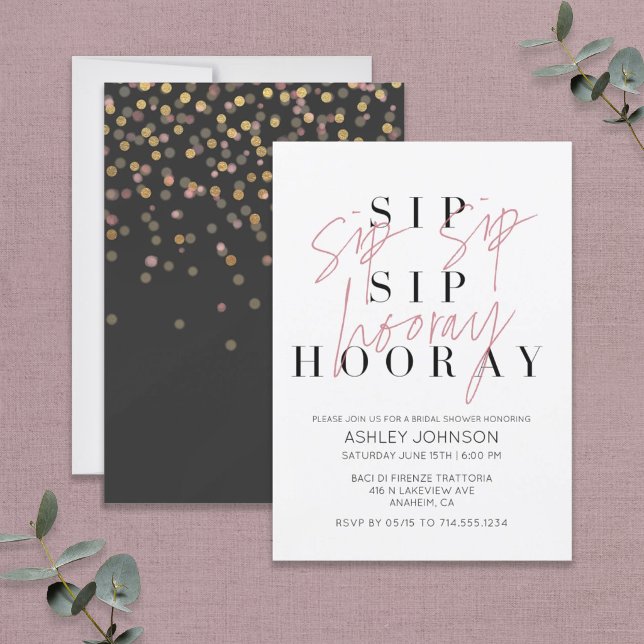 Sip Sip Hooray Modern Black White Bridal Shower Invitation