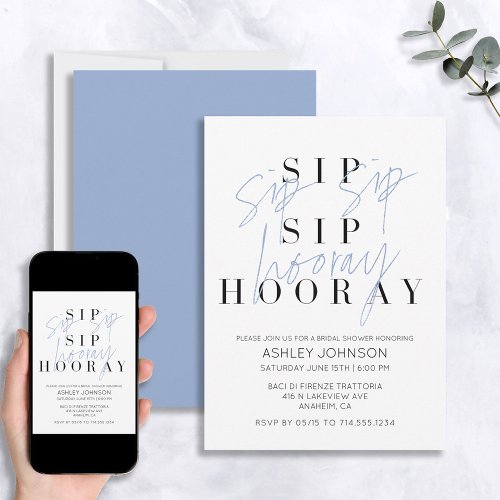 Sip Sip Hooray Modern Steel Blue Bridal Shower Invitation