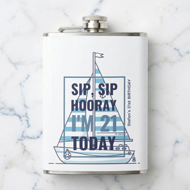 Sip Sip Hooray Nautical 21st Birthday  Flask (Plotting a course for a legendary night.)
