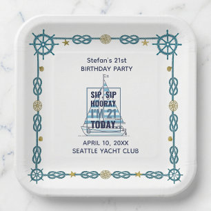Sip Sip Hooray Nautical 21st Birthday  Paper Plates