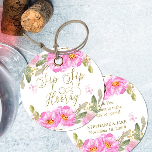 Sip Sip Hooray Pink and Gold Watercolor Floral Favor Tags