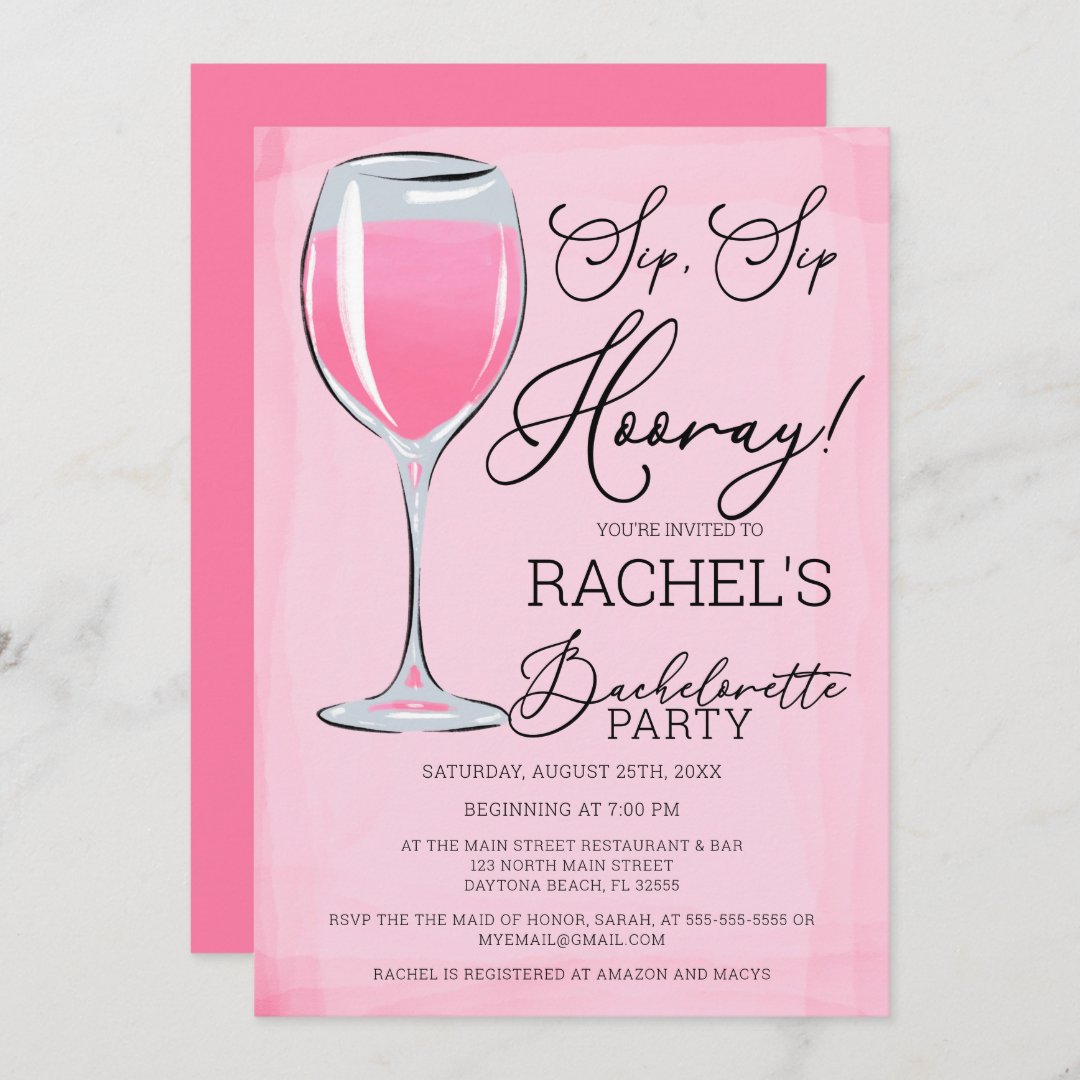 Sip Sip Hooray Pink Wine Bachelorette Party Invitation | Zazzle