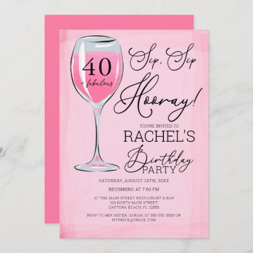 Sip Sip Hooray Pink Wine Birthday Party Invitation