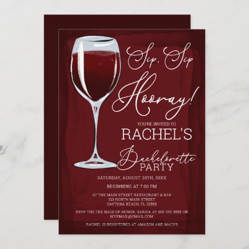 Sip Sip Hooray Red Wine Bachelorette Party Invitation