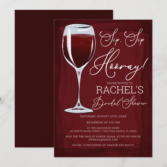 Sip Sip Hooray Red Wine Bridal Shower Invitation (Front/Back)