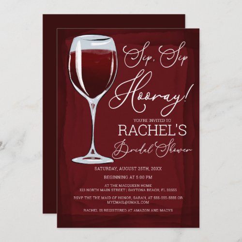 Sip Sip Hooray Red Wine Bridal Shower Invitation