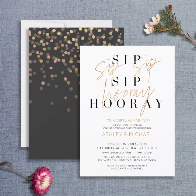 Sip Sip Hooray Simple Black Gold Virtual Shower Invitation