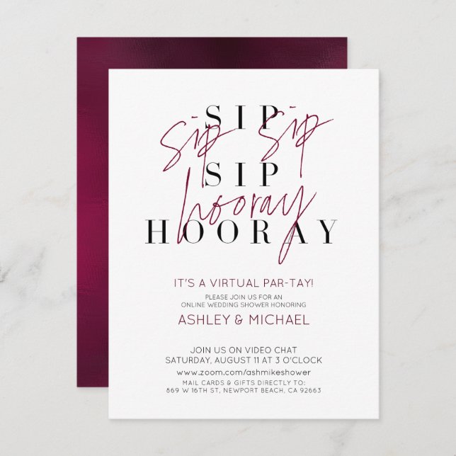 Sip Sip Hooray Virtual Wine Wedding Shower Party Invitation (Front/Back)
