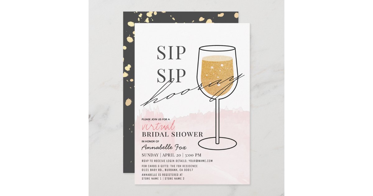 Sip Sip Hooray Wine Glass Virtual Bridal Shower Invitation | Zazzle