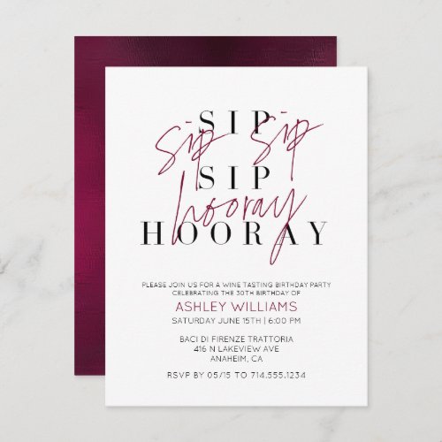 Sip Sip Hooray Wine Tasting Birthday Party Invitation