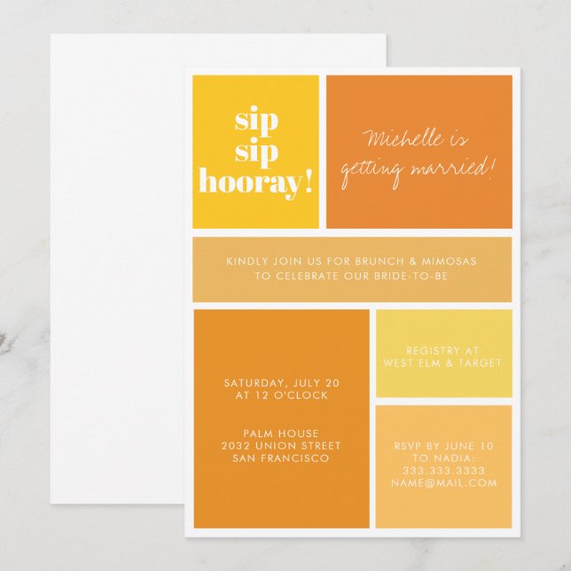 Sip Sip Hooray Yellow Orange Bridal Brunch Shower  Invitation (Front/Back)