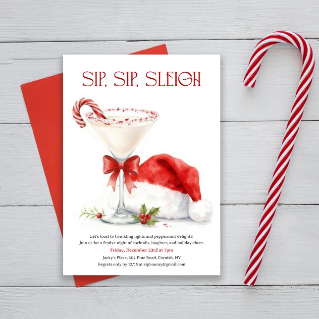 Sip, Sip, Sleigh! Candy Cane Watercolor Christmas  Invitation (Creator Uploaded)