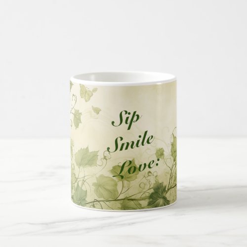 Sip Smile Love mug for mom with a green floral 