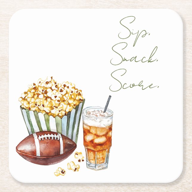 Sip Snack Score Gameday Square Paper Coaster (Front)