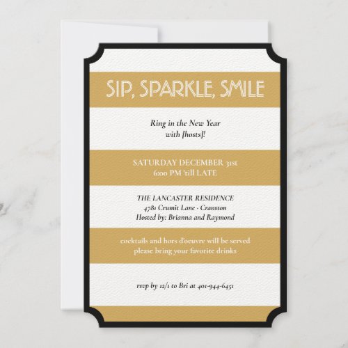 Sip Sparkle Smile Gold Black Modern New Year Party Invitation