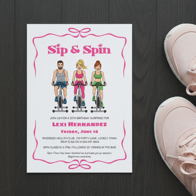 Sip & Spin 25th Birthday Surprise Fitness Invitation (Sip & Spin fun birthday invitation with spin class and after party)