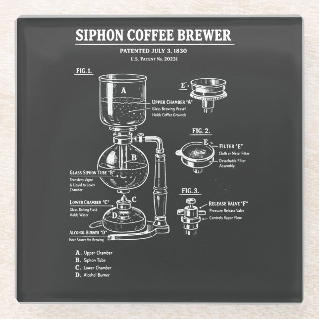 Siphon Coffee Brewer Blueprint Diagram Glass Coaster (Front)