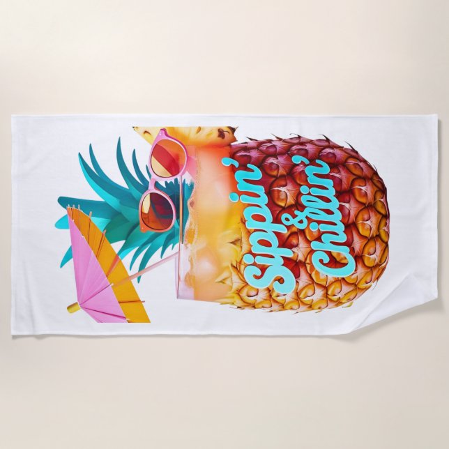 Sippin’ & Chillin’ Summer Party Design Beach Towel (Front)