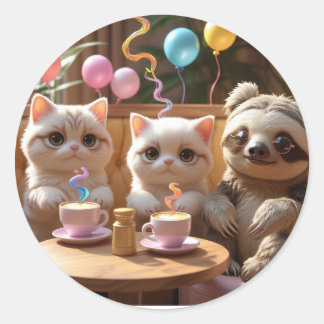 Sippin’ Cuteness: Cat Café Vibes with a Cool Sloth Classic Round Sticker