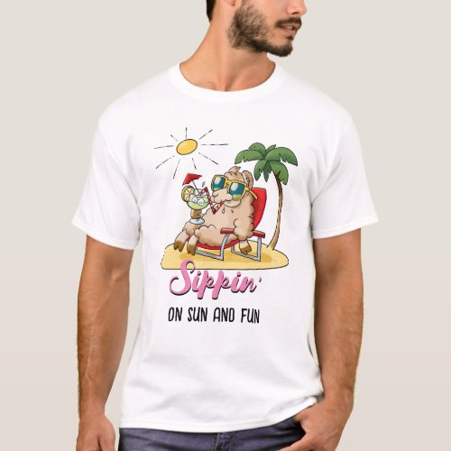 Sippin On Sun And Fun _ Funny Llama Cartoon T_Shirt