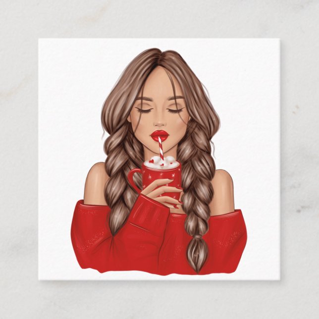 Sipping Hot Chocolate in Winter in Red Sweater Square Business Card (Front)