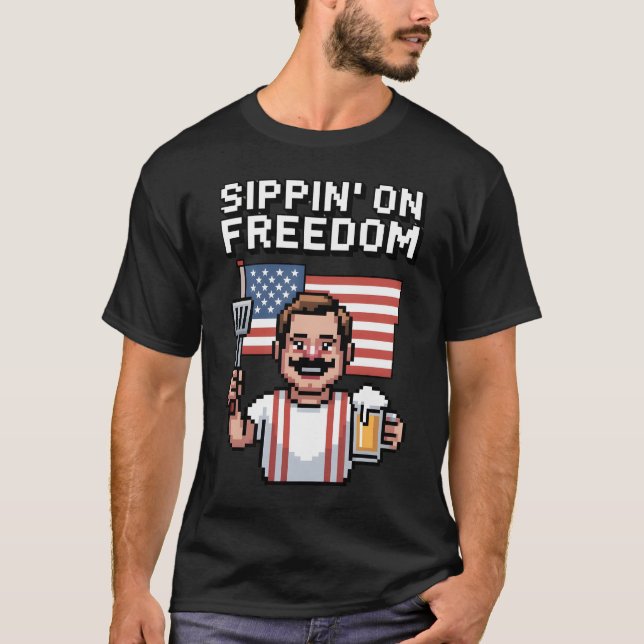 Sipping on Freedom Pixel Art 4th of July T-Shirt (Front)