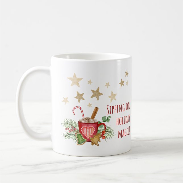 Sipping on Holiday Magic Mug–Christmas Coffee Mug (Left)