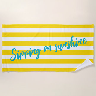Sipping On Sunshine Yellow White Striped Party Beach Towel