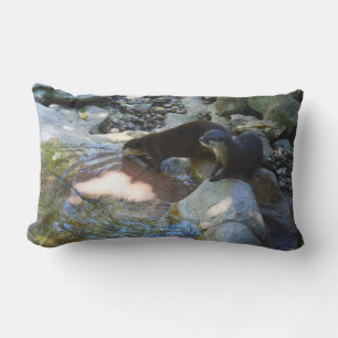 **"Sips by the Stream: Otters Drinking from River  Lumbar Pillow